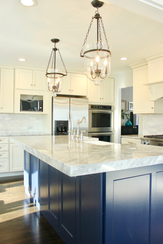 Artesian Designs | navy and white kitchen renovation sw naval arabescato dolomite marble before and after